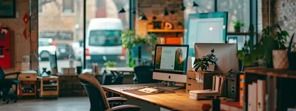 a modern, bustling office workspace features a computer screen displaying a user-friendly van rental website, with a stylish sprinter van visible through a nearby window, symbolizing the seamless booking experience in austin.
