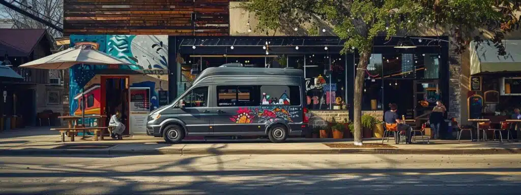 an eye-catching urban scene featuring a sleek, modern sprinter van parked outside a trendy austin café, showcasing vibrant street art and a bustling city atmosphere, inviting adventures on the go.