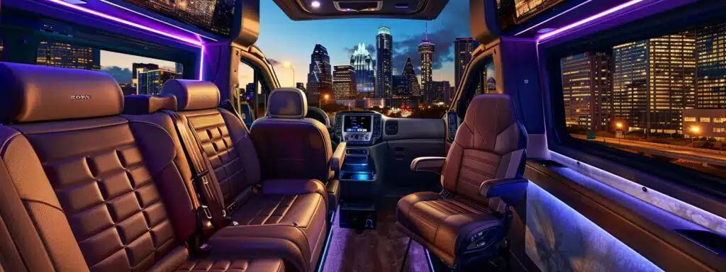 a modern interior of a spacious sprinter van showcases luxurious amenities and flexible seating configurations, set against a backdrop of a bustling austin cityscape, highlighting the van's potential for both corporate events and leisure outings.