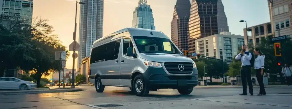 a sleek, modern sprinter van parked in a bustling urban setting in austin, with prominent rental agency signage and customers in business attire discussing rental options, conveying a sense of professionalism and convenience.