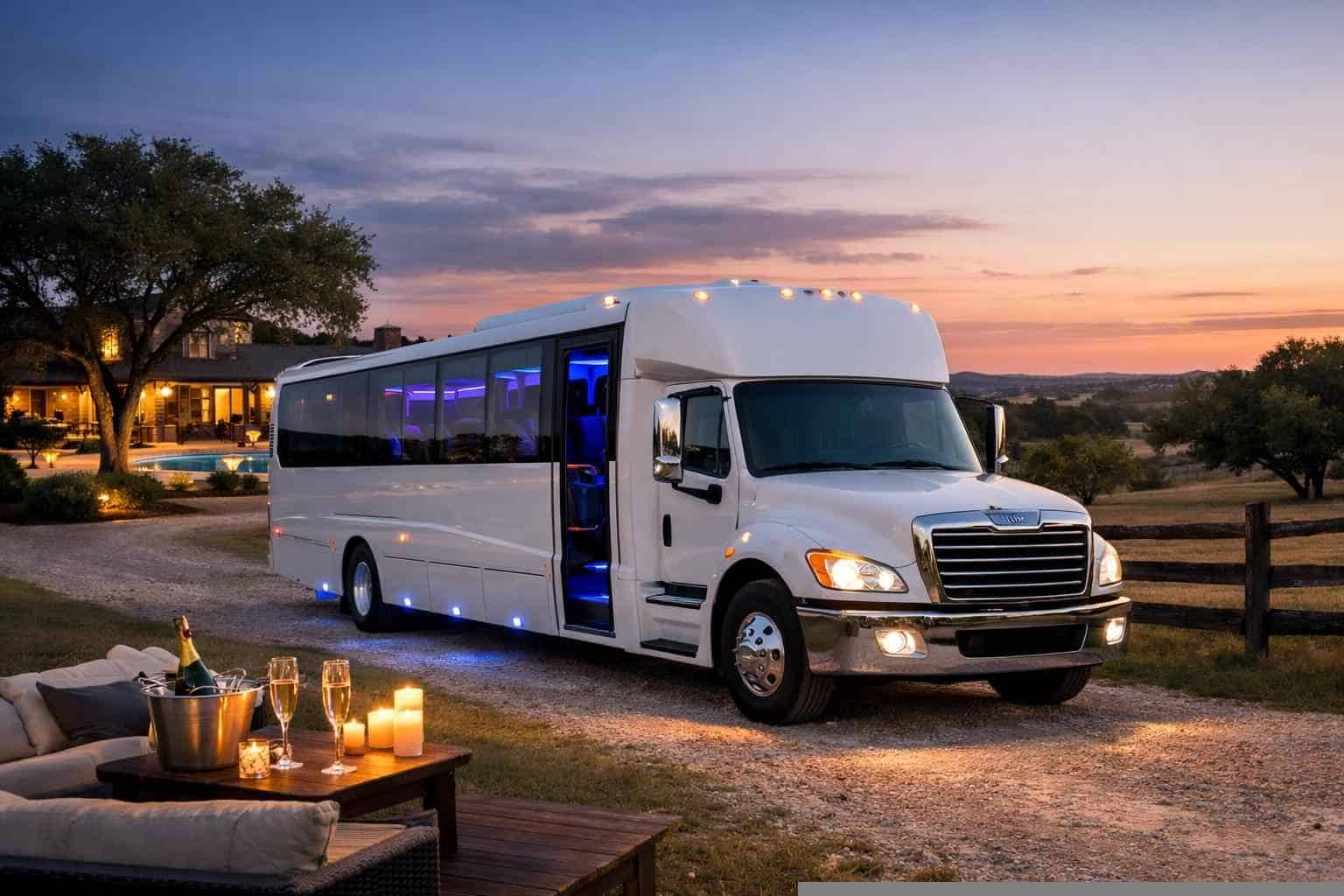 Luxury White Party Bus Rental in Liberty Hill Texas