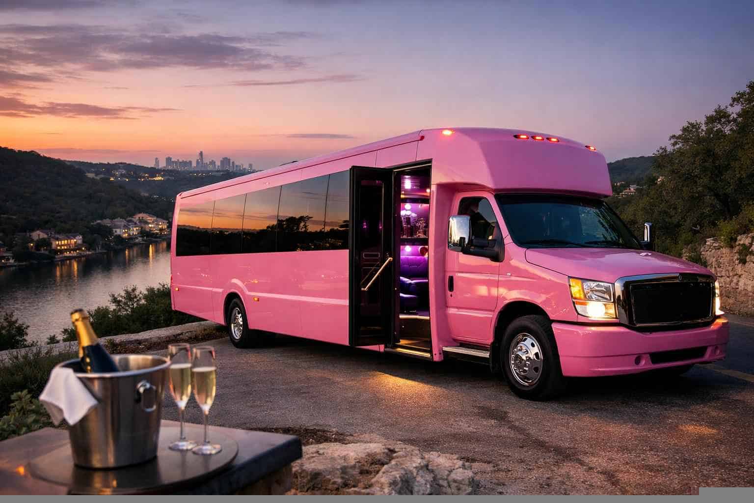 West Lake Hills Texas Pink Party Bus Rental